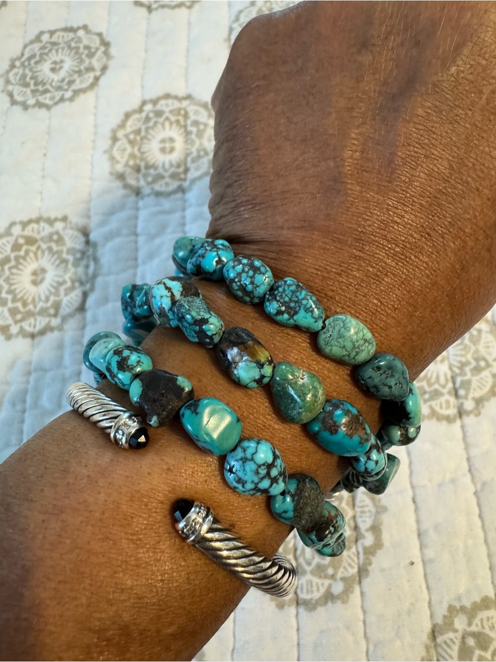 Turquoise Beaded three strand Bracelet - Blue Green Stones